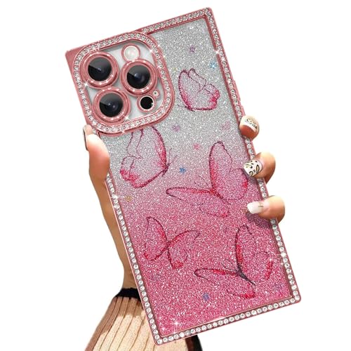 Illians Glitzer-Schutzhülle für iPhone 16 Pro Max 17,5 cm (6,9 Zoll), glitzernde Handyhülle mit Schmetterlings-Diamant-Design, weiches TPU, stoßfest, kratzfest, für Damen, Rosa von Illians