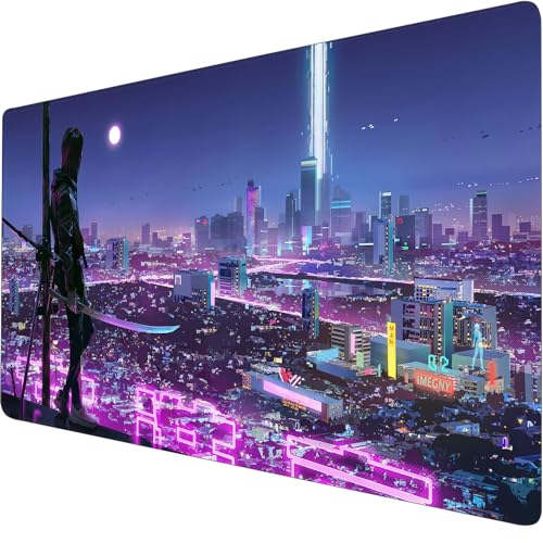 Imegny Cyberpunk Neon City Schreibtischunterlage, Anime-Mauspad, Gaming-Mauspad, Schreibtischunterlage, 35,4 x 15,7 cm, große Mauspads für Schreibtisch, erweiterte Tastatur-Mauspad mit Anti-Rutsch (90 von Imegny