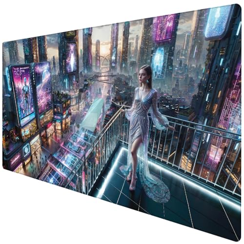 Imegny Großes Gaming-Mauspad, verlängerte XXL-Schreibtischunterlage und rutschfeste Gummi-Tastaturmatte, genähte Kanten (90 x 40 cm, Cyberpunkkata) von Imegny