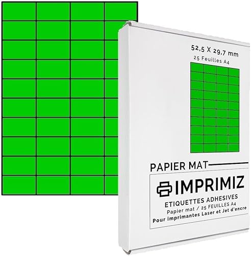 1000 selbstklebende Etiketten grün neon-52,5 x 29,7 mm - 40 Etiketten/Blatt - 25 Blatt A4 / Papier matt - Farbe - Für Inkjet/Laser/Kopier Drucker - Etiketten farbig von Imprimiz