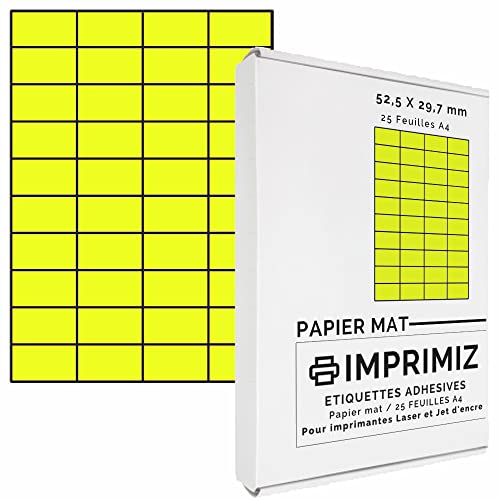 1000 selbstklebende Etiketten neongelb, 52,5 x 29,7 mm - 40 Etiketten/Blatt - 25 Blatt A4 / Papier matt - Farbe - Für Inkjet/Laser/Kopier Drucker - Etiketten farbig von Imprimiz