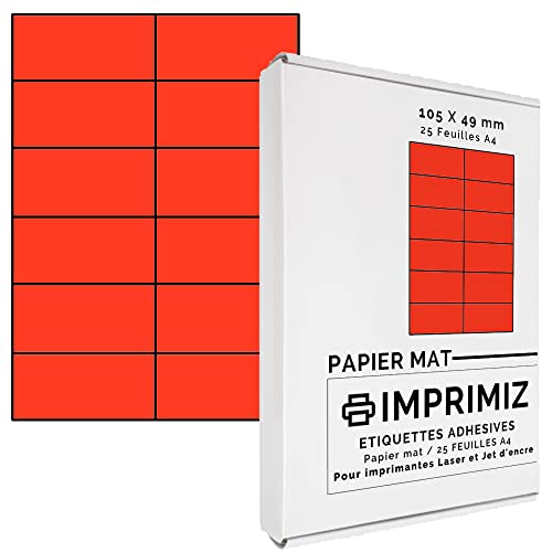 300 Selbstklebende Etiketten rot Neon von 105 x 49,5 mm - 12 Etiketten/Blatt - 25 Blatt A4 / Papier matt - Farbe - Für Inkjet/Laser/Kopier Drucker - Etiketten farbig von Imprimiz