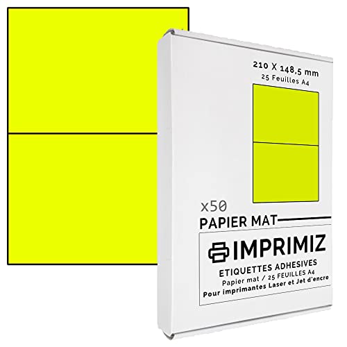 50 selbstklebende Etiketten gelb von 148,5 x 210 mm - 2 Etiketten/Blatt - 25 Blatt A4 / Papier matt - Farbe - Für Inkjet/Laser/Kopier Drucker - Etiketten farbig von Imprimiz
