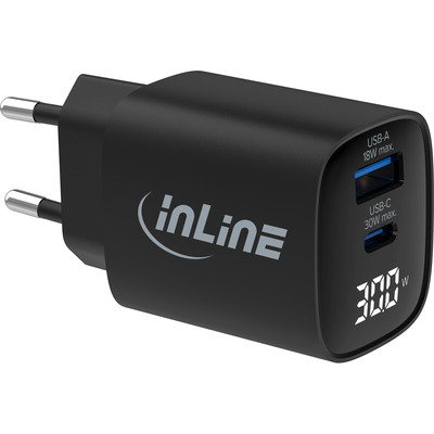InLine® USB PD Netzteil, GaN Ladegerät, 2-Port, USB-C + USB-A, 30W, mit Display von InLine®