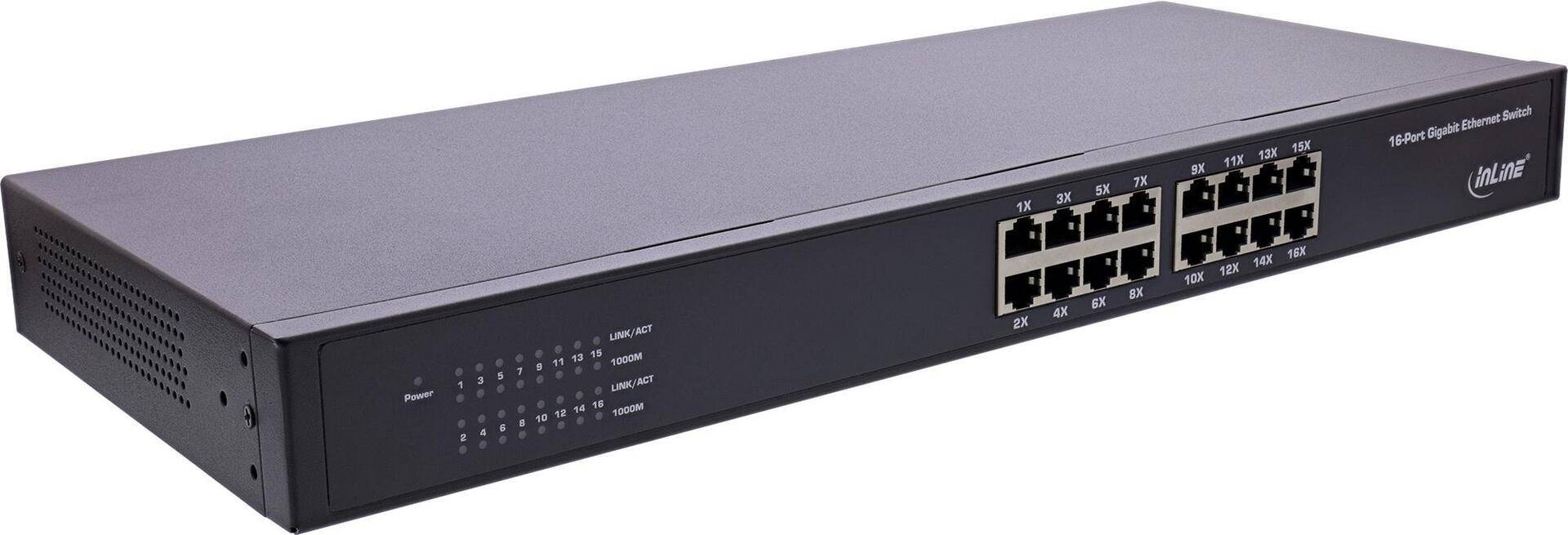 InLine® Gigabit Netzwerk Switch 16-Port, 1GBit/s, 48,26cm (19), Metall, lüfterlos (32311O) von InLine