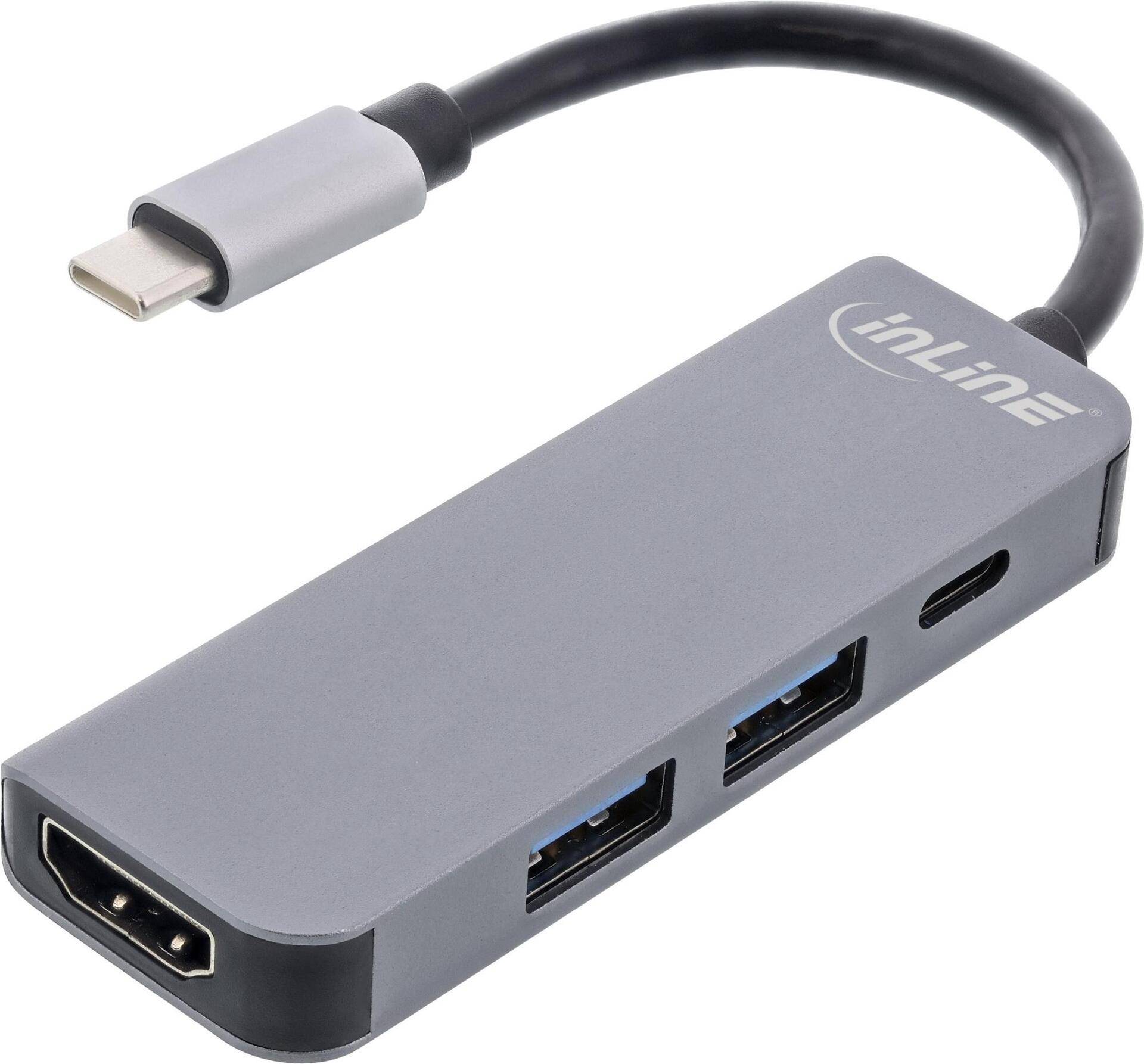 InLine® Multifunktions-Hub USB 3.2 Gen.1, 2x USB-A 5Gb/s + HDMI 4K/30Hz + USB Typ-C PD 87W, Aluminium, grau (33271H) von InLine