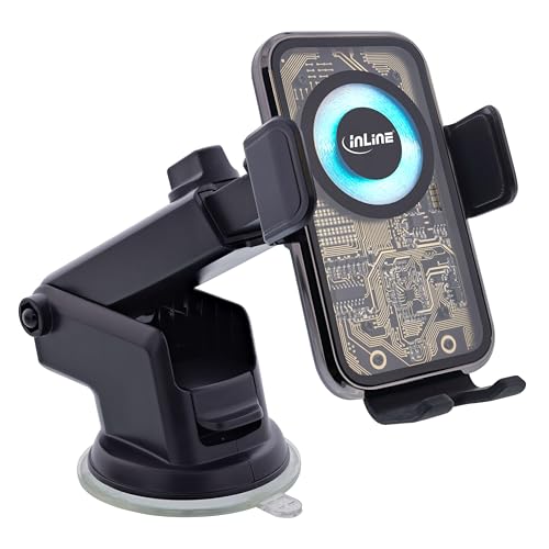 InLine® ONE Touch QI 2 Handyhalterung Auto – Smartphone Halterung mit Wireless Charging bis 15 W, automatische Sensorsteuerung, USB-C, Lüftung & Saugnapf, 23156Q von InLine