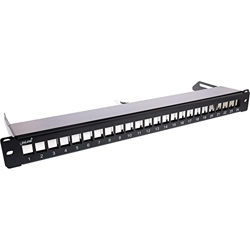 InLine® Patchfeld 24-Fach, Keystone Leerblech Patchpanel mit Auszug, 19", 1HE, schwarz RAL9005 von InLine