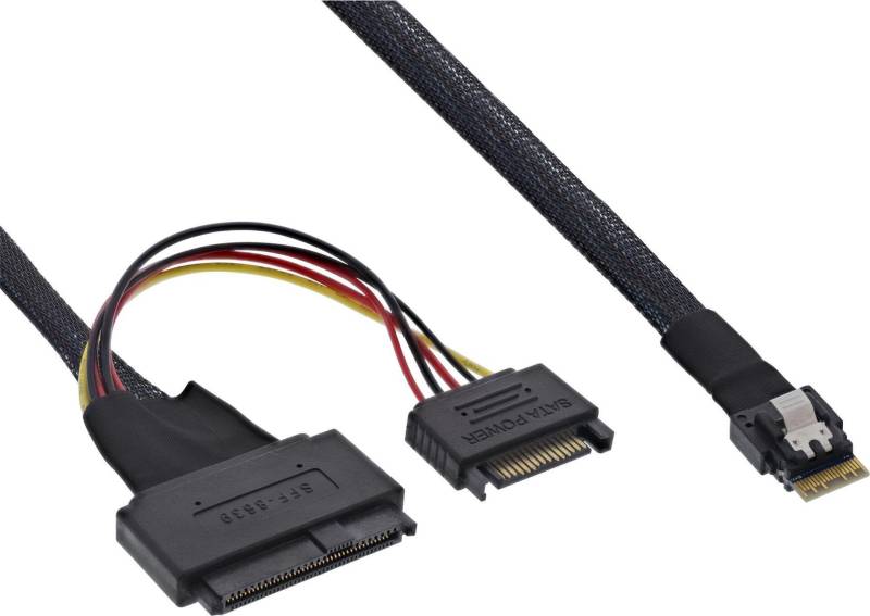 InLine - Internes SAS-Kabel - SAS 24Gbit/s - 4i Slim SAS (S) Verriegelung zu U.2 (SFF-8639), SATA-Stromstecker - 1,0m - Schwarz (27644B) von InLine