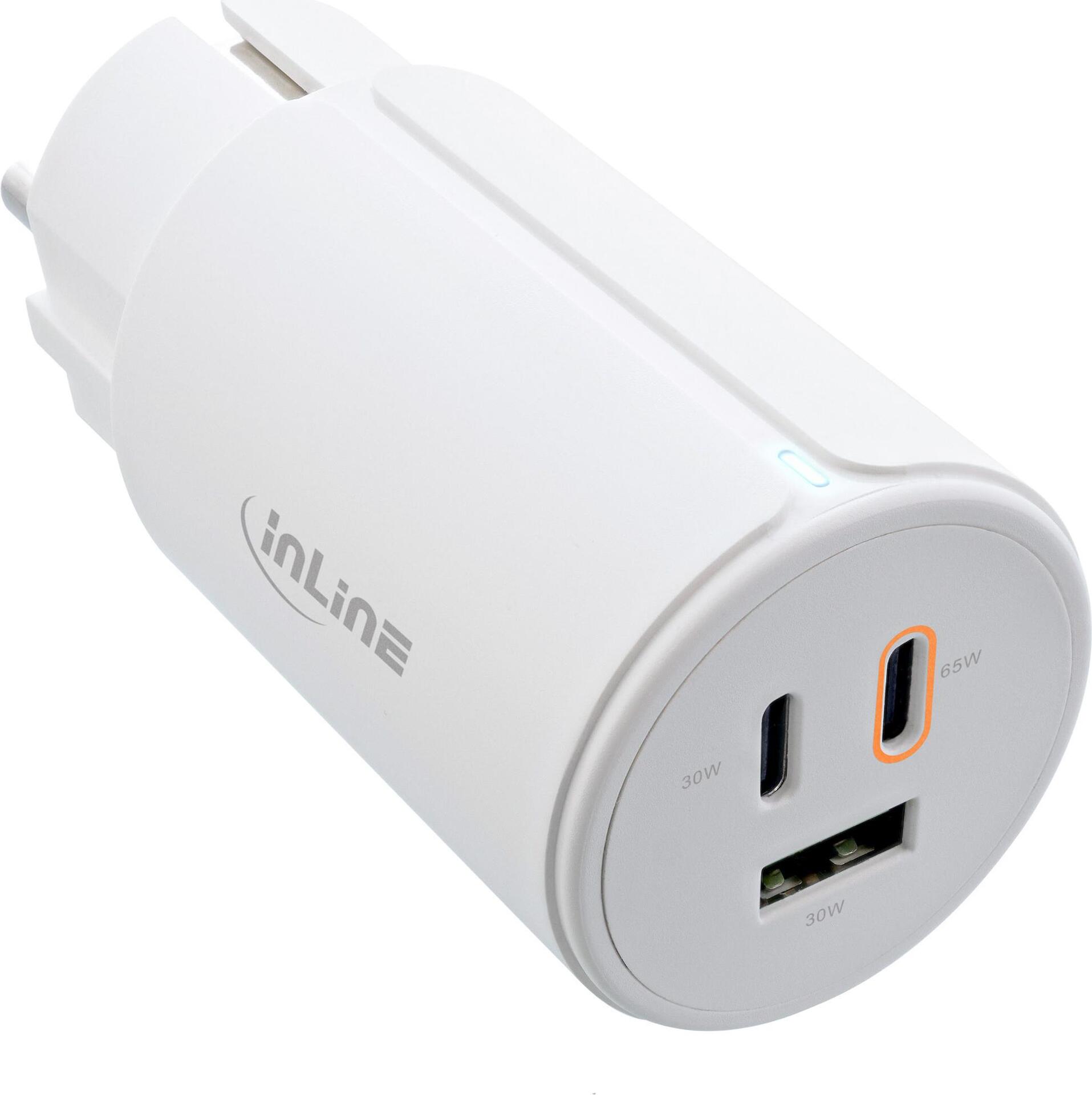 InLine® USB PD Netzteil, GaN Ladegerät, 3-Port, Dual USB-C + USB-A, 65W, weiß (31506G) von InLine
