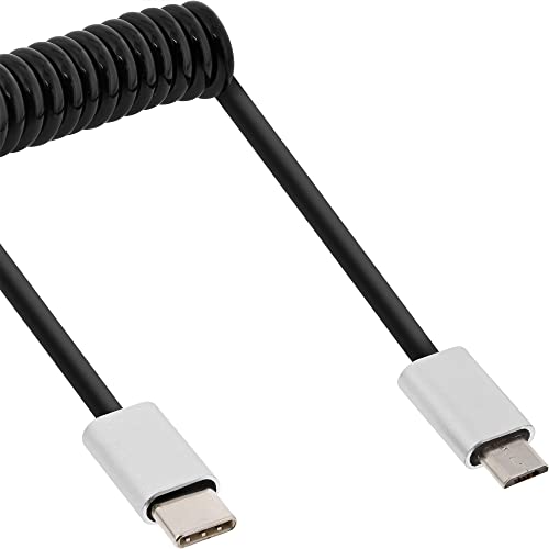 InLine 35866 USB 2.0 Spiralkabel, USB Typ-C Stecker an Micro-B Stecker, schwarz/Alu, flexibel, 0,5m von InLine