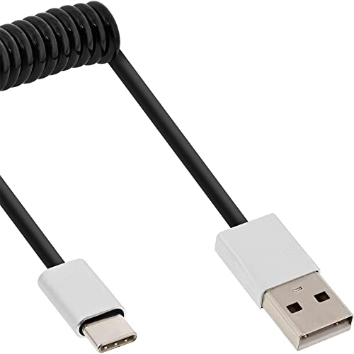 InLine 35871 USB 2.0 Spiralkabel, USB Typ-C Stecker an A Stecker, schwarz/Alu, flexibel, 1m von InLine
