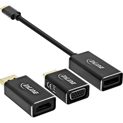 InLine 64109B USB Display Konverter Set 6-in-1, USB Typ-C Stecker zu DisplayPort, HDMI, VGA (DP Alt Mode), 4K2K, schwarz, 0.2m von InLine