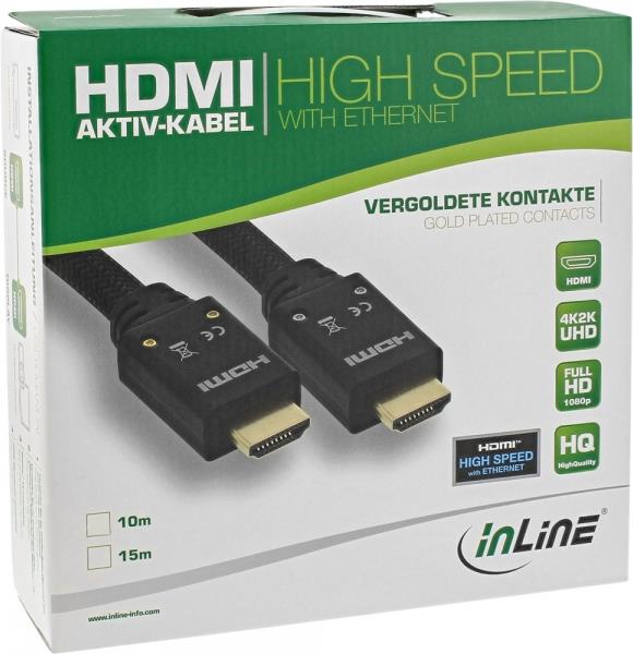 InLine High Speed - HDMI mit Ethernetkabel - HDMI (M) bis HDMI (M) - 15,0m - dreifach abgeschirmtes Twisted-Pair-Kabel - Schwarz - geformt, 4K Unterstützung, aktiv (17515A) von InLine
