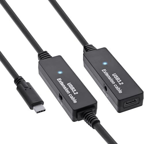 InLine USB 3.2 Gen.1 Aktiv-Verlängerung, USB-C Stecker an USB-C Buchse, Reapter-Kabel mit Signalverstärkung, lange Distanzen, für Festplatten, Drucker, Webcams, Tastaturen und mehr, 15m, 35656C von InLine