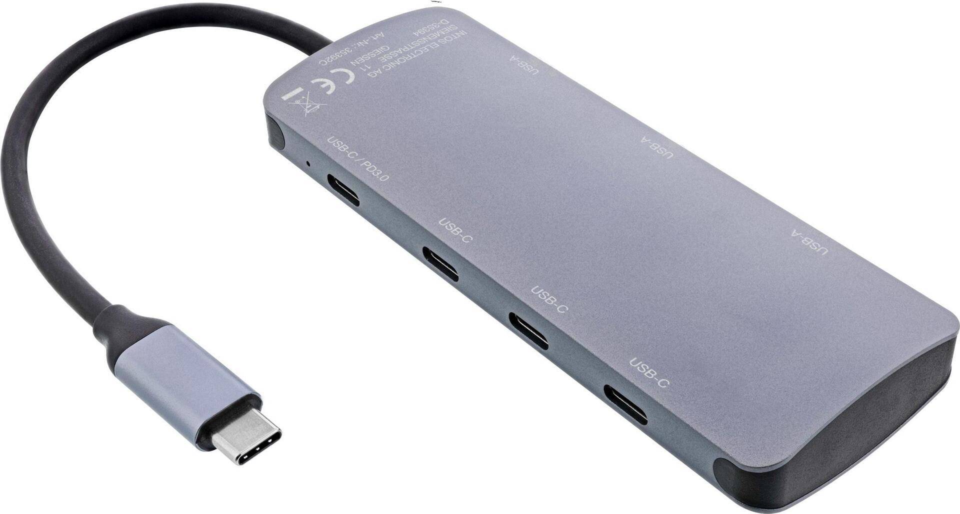 InLine USB 3.2 Gen.2 Hub 4x USB-C+ 3x USB-A PD 100W Aluminium grau - Dieser USB Hub bietet 7 USB-Anschlussbuchsen - um die entsprechende Anzahl an Schnittstellen zu erweitern und kompatible Geräte zu verbinden. Über einen der Typ-C Ausgänge können kompatible Geräte mit Strom versorgt werden. Der Hub unterstützt die OTG-Funktion - kompatible Smartphones können mit dem Hub verbunden werden und somit bspw. auf externe Speichermedien wie USB-Sticks zugreifen. Eingang: Typ-C Stecker Ausgang: 4x USB Typ-C Buchse + 3x USB-A BuchseUSB 3.2 Gen.2 kompatibel Ein Typ-C Port unterstützt Power Delivery 3.0 mit bis zu 100 W Ausgangsleistung Datentransferrate bis zu 10 Gb/s Aufladen von mobilen Geräten per USB mit bis zu 5V/1A OTG-Funktion - kann mit USB-Typ-C-Smartphones und Tablets verwendet werden - welche die OTG-Funktion unterstützen. Chipsätze: VL163 + VL822 + VL102 + VL162 Unterstützt Windows - MacOS - Linux und Android Aluminium-Gehäuse Abmessungen (L x B x H): ca. 115 x 43 x 15 mm Kabellänge ca. 15 cm (35392C) von InLine