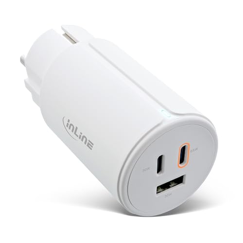 InLine USB Ladegerät 3-Port, 2X USB-C, 1x USB-A, GaN Technologie, 65W, Schnellladegerät, PD3.0, QC 3.0, Netzteil für MacBook Pro/Air, iPhone/Pro/Mini, iPad Pro, Pixel und mehr, weiß, 31506G von InLine