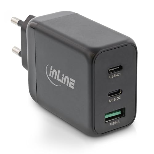 InLine USB Ladegerät 3-Port, 2x USB-C, 1x USB-A, GaN Technologie, 65W, Schnellladegerät, PD3.0, QC 4+, Netzteil für MacBook Pro/Air, iPhone/Pro/mini, iPad Pro, Pixel und mehr, schwarz, 31506F von InLine