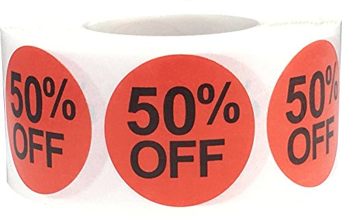 Rote 50% Rabatt Verkaufs Aufkleber, 25 mm 1 Zoll Einzelhandel Etiketten 500 Packung von InStockLabels.com