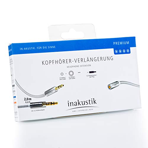 inakustik – 00410203 – Premium Klinken-Verlängerungskabel |Für Kopfhörerkabel mit 3,5mm Klinkenanschluss - Inkl. 6,3mm Adapter | 3,0m in Weiß/Silber | 2-fache Abschirmung - moderner Geflechtschirm von Inakustik