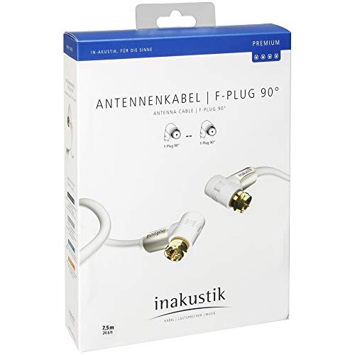 inakustik – 004264075 – Premium F-Plug Antennenkabel | Für die Anforderungen bei hochauflösenden Fernsehformaten (HDTV) entwickelt |7,50m in Weiß | 100 dB - 90°-Steckern für platzsparenden Anschluss von Inakustik