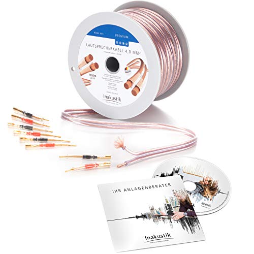 inakustik Lautsprecherkabel Premium, 10m transparent, 2x4,0mm², inkl. 8 Flexible Pins und CD ANLAGENBERATER, verlegefreundliche S/Z-Verseilung farblich kodiert, Artikel 00402410A, Made in Germany von Inakustik