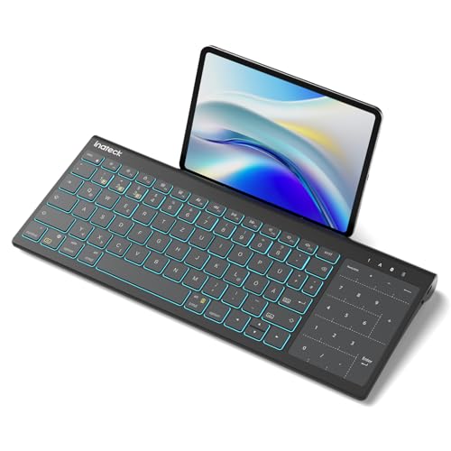 Inateck Tablet Tastatur, 2-IN-1 Ziffernblock&TouchpadVersteckter Ständer, 3 BT-Kanäle, 7-Farben Hintergrundbeleuchtung,Kompatibel mit iPadOS/Samsung/Android/Windows von Inateck