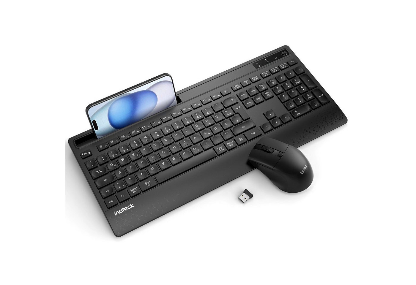 Inateck Tastatur in voller Größe mit Handballenauflage, Telefonhalter Wireless-Tastatur (2,4 GHz Kabellose/Bluetooth, Geräuschlose) von Inateck