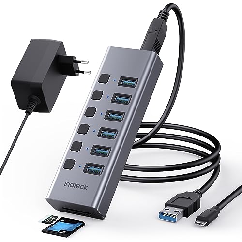 Inateck USB Hub aktiv 3.0 mit Netzteil, Aluminium 8-in-1 USB-Adapter mit unabhängigen Schaltern, USB 3.0 Hub mit 6 USB-A Ports und SD/TF, 20W (5V/4A) Netzteil mit 100 cm Kabel, HB2031 von Inateck