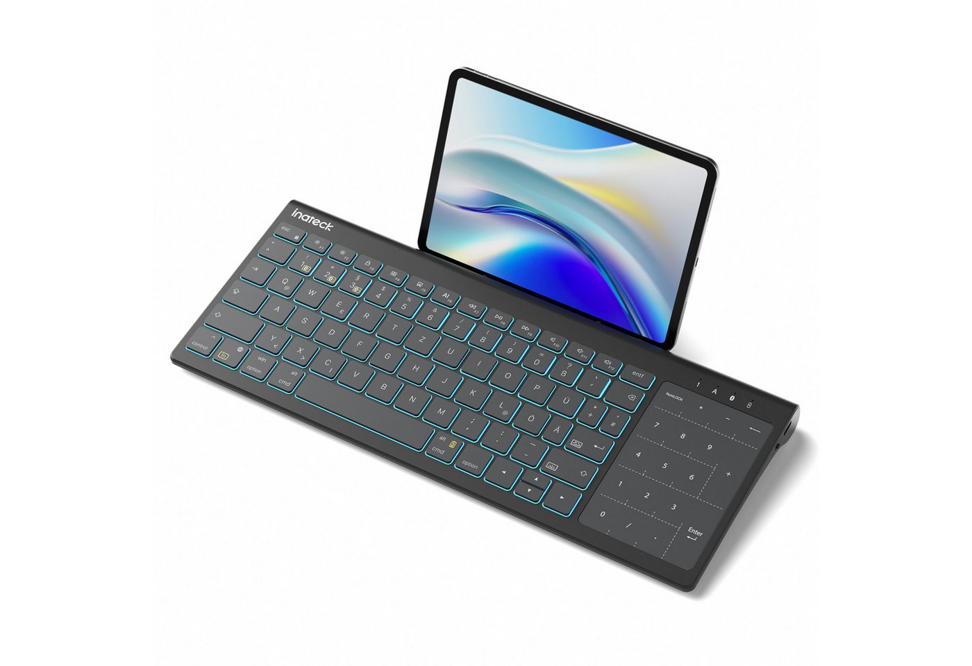 Inateck mit Ziffernblock, Touchpad, 3 BT-Kanäle, Hintergrundbeleuchtung Tablet-Tastatur (Kompatibel mit iPadOS/Samsung/Android/Windows) von Inateck