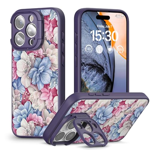 Inbeage pflanzliche Hülle für iPhone 15 Pro Max mit Ständer, süßes Muster für Frauen, Mädchen, 6,7 Zoll, Matte Oberfläche, 2023 (Hortensien Blumen-Lila) von Inbeage