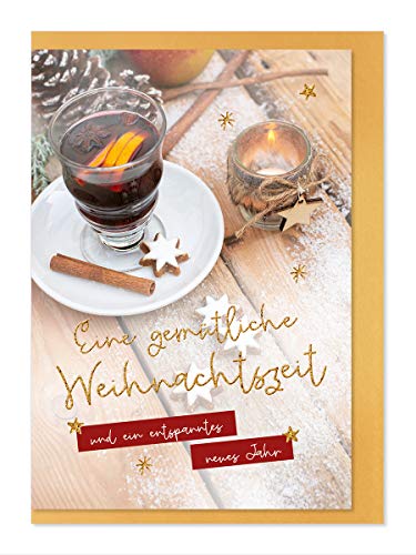 Weihnachtskarte "Goldenes Fest"- Motiv Glühwein mit Zimt und Sterne / Eine gemütliche Weihanchtszeit von Inconnu