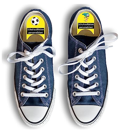 INDIGOS UG® Namensaufkleber für Schuhe ab 6 Stück - gelb - individuell personalisierte Etiketten links rechts - zweifarbige Aufkleber für Schuhe mit Wunschtext - 100 Motive von Indigos