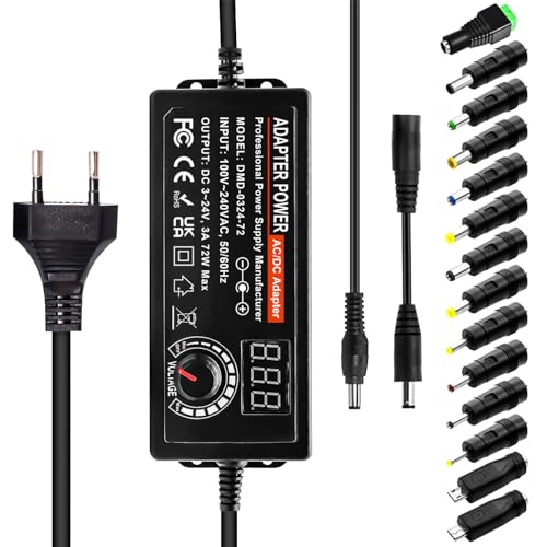 3A 72W Universal Netzteil, Indmird 3V-24V Verstellbarer Netzadapter 100V-240V AC to DC Universal Ladegerät mit LED Spannungsanzeige und 14 Spitzen, für Haushaltselektronik, DC Motor DVD, 3000mA Max 3A 72W Universal Netzteil, Indmird 3V-24V Verstellbarer Netzadapter 100V-240V AC to DC Universal Ladegerät mit LED Spannungsanzeige und 14 Spitzen, für Haushaltselektronik, DC Motor DVD, 3000mA Max von Indmird