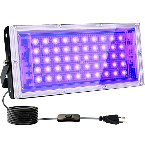 Indmird LED Schwarzlicht Strahler 50W, Schwarzlichtlampe mit Stecker, IP65 Wasserdicht UV Strahler mit Schalter, 395-400nm UV Flutlicht Partylicht für Bar,Disco,Party,Halloween,Bühnen von Indmird