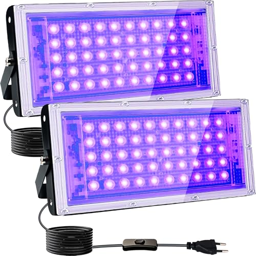 LED Schwarzlicht Strahler 50W, Indmird 2 Stück Schwarzlichtlampe mit Stecker, IP65 Wasserdicht UV Strahler mit Schalter, 395-400nm UV Flutlicht Partylicht für Bar,Disco,Party,Halloween,Bühnen von Indmird