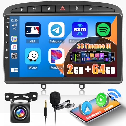 Inefala 2G/64 2DIN Android Autoradio für Peugeot 308 408 2007-2015 Radio CarPlay Android Auto 9" Touchscreen Navi GPS mit WiFi BT FM/RDS Rückkamera Mic von Inefala