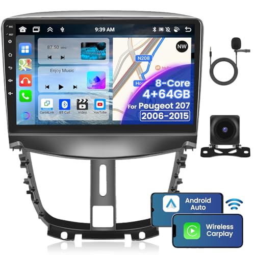 Inefala 8 Core 4 + 64GB Android Autoradio für Peugeot 207 2006-2015 Stereo Radio 9 Zoll Bildschirm mit Wireless Carplay Android Auto Bluetooth, GPS Navigator, FM RDS, AHD Rückfahrkamera von Inefala