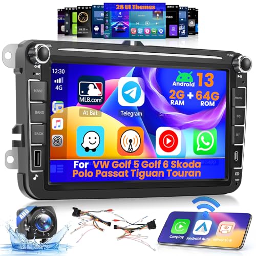 Inefala Android Autoradio für VW Golf 5 Golf 6 Skoda Polo Passat Tiguan Touran mit Wireless CarPlay Android Auto 2+64G, 8 Zoll Bildschirm mit DSP 28UI FM RDS GPS Bluetooth WiFi SWC AHD Rückfahrkamera von Inefala