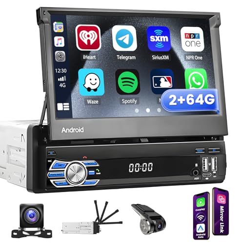 Inefala Carplay Radio Android 1 Din mit ausfahrbarem 7-Zoll-Bildschirm 2+64G, Autoradio mit drahtlosem Android Auto Bluetooth, Mirror Link, siebenfarbiges FM GPS WiFi USB/AUX/SWC Rückfahrkamera von Inefala