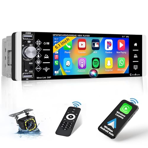 [Wireless] Inefala Autoradio Bluetooth mit 5,1 Zoll Touchscreen kompatibel mit Wireless CarPlay Android Auto Bluetooth Rückfahrkamera FM Radio USB Schnellladung SWC TF von Inefala