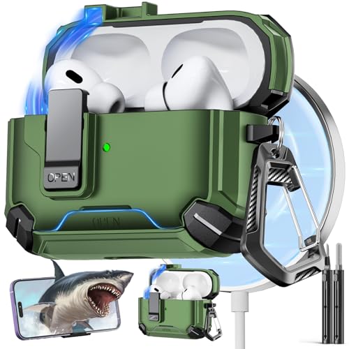 Inesore Kompatibel mit AirPods Pro 2. / 1. Generation, Schutzhülle mit Handy-Ständer und Reinigungsset, kompatibel mit Magsafe, magnetische, automatische Verriegelung für iPod Pro Ladehülle von Inesore