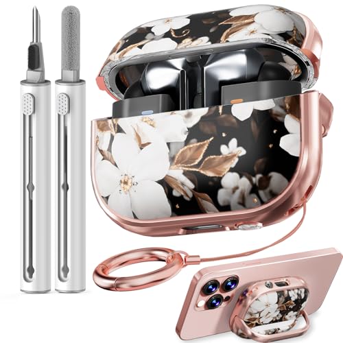 Schutzhülle für Galaxy Bud Pro 3, mit Reinigungsset und Schlüsselanhänger, niedliches Blumenmuster, für Damen, Mädchen, Schwarz / goldfarben Schutzhülle für Galaxy Bud Pro 3, mit Reinigungsset und Schlüsselanhänger, niedliches Blumenmuster, für Damen, Mädchen, Schwarz / goldfarben von Inesore