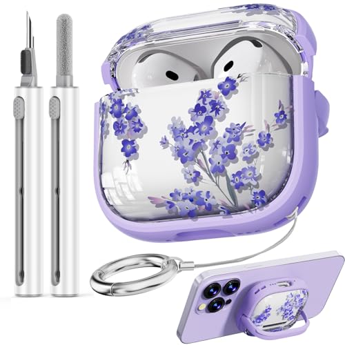 Schutzhülle mit Sicherheitsschloss für AirPods 4, transparent, Blumenmuster, niedlich, AirPod 4. Generation, mit Reinigungsset und Schlüsselanhänger, dient auch als Handy-Ständer, lila Blume Schutzhülle mit Sicherheitsschloss für AirPods 4, transparent, Blumenmuster, niedlich, AirPod 4. Generation, mit Reinigungsset und Schlüsselanhänger, dient auch als Handy-Ständer, lila Blume von Inesore