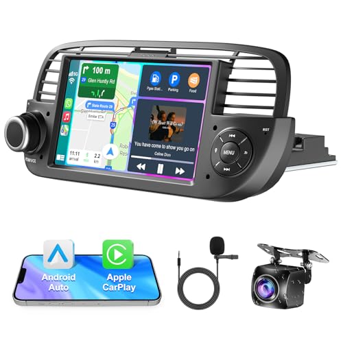 Autoradio für Fiat 500 2007-2015 mit kabellosem Carplay & Android Auto Head Unit, 2+32GB 7 Zoll IPS HD Touchscreen-Autoradio mit GPS-Navigation/Sprachsteuerung/WLAN/SWC/Bluetooth 5.2/FM/Rückfahrkamera von Inexaccessories