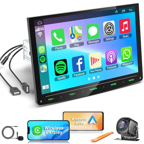 Autoradio mit Bildschirm 10,1 Zoll 1-DIN-Radio mit kabellosem Carplay & Android Auto, 2 + 32GB Single Din Radio Touchscreen Sprachsteuerung Bluetooth DSP EQ FM SWC Rückfahrkamera Mirror Link von Inexaccessories