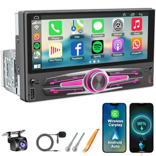 [Upgrade] Single-Din-Autoradio mit CarPlay & Android Auto, 6,8-Zoll-HD-IPS-Touchscreen, Auto-Audio-Receiver-Headunit unterstützt Bluetooth 5.2, FM/AM, SWC, Mirrorlink, USB Type-C-Laden + Rückfahrkamer von Inexaccessories