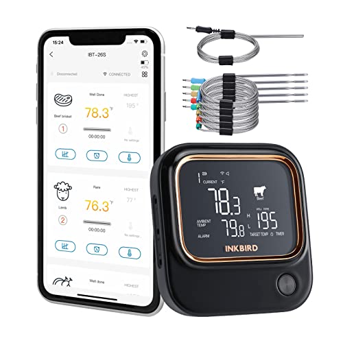 Inkbird IBT-26S Fleischthermometer, Bluetooth 5.1 Signal 70m und WIFI 2.4G, Thermometer mit 4 Temperaturfühlern, Magnetische Halterung, USB-Aufladbar, Grillthermometer für Küche Ofen Grill BBQ Smoker von Inkbird