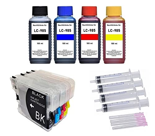Inkpro Wiederbefüllbare Tintenpatronen LC-985 + 400 ml Premium Nachfülltinte für DCP-J125, J315, J515 / MFC-J220, J265, J410, J415 - QBI985 von Inkpro