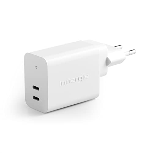 Innergie C6 Duo 63W USB C 2-Port Schnellladung kompakt Ladegerät Wandladegerät für Samsung Galaxy iPhone 13/14/15 Apple Watch iPad MacBook Pro Airpods Pixel Chromebook Laptop Switch von Innergie